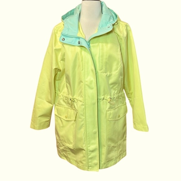 Talbots Hooded Canvas Yellow & Mint Green Anorak Rain Coat Jacket, size XLP - Picture 15 of 15